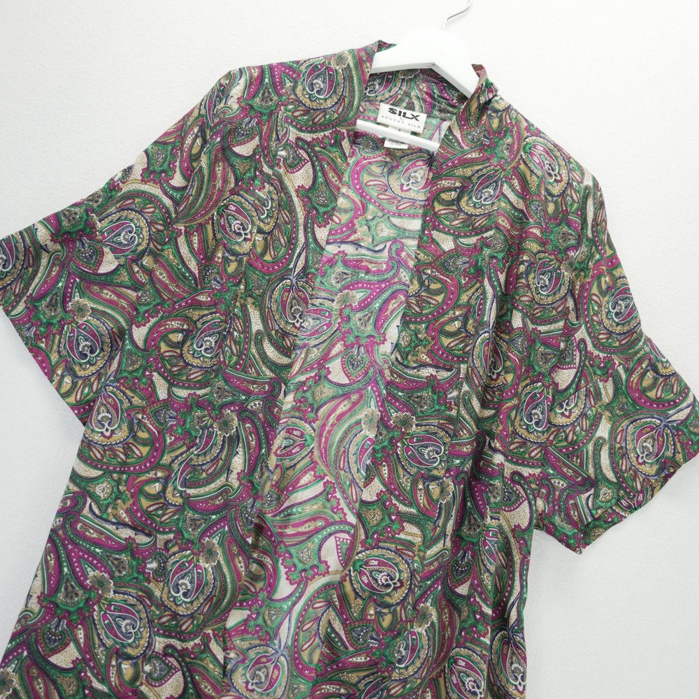 August Silk Silx 100% Silk Paisley Robe Magenta Green Paisley Kimono Wrap S‎ VTG
